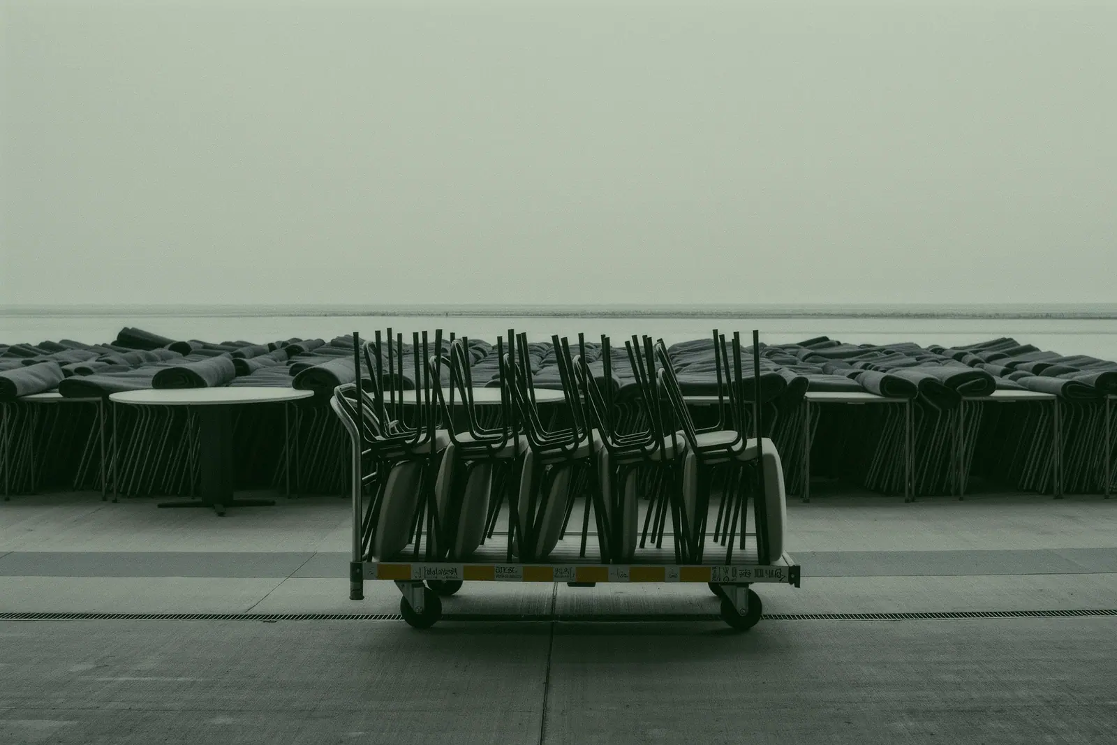 Stacked event chairs, folded round tables and rolled carpet on a concrete loading apron behind a venue, a strapped trolley of chairs in the foreground.