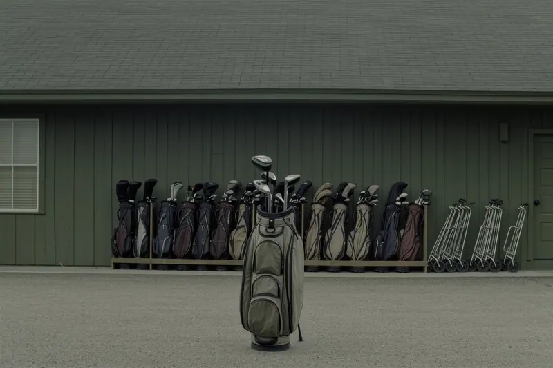 Hire golf bags standing in a rack outside a clubhouse store with folded trolleys leaning against the wall.