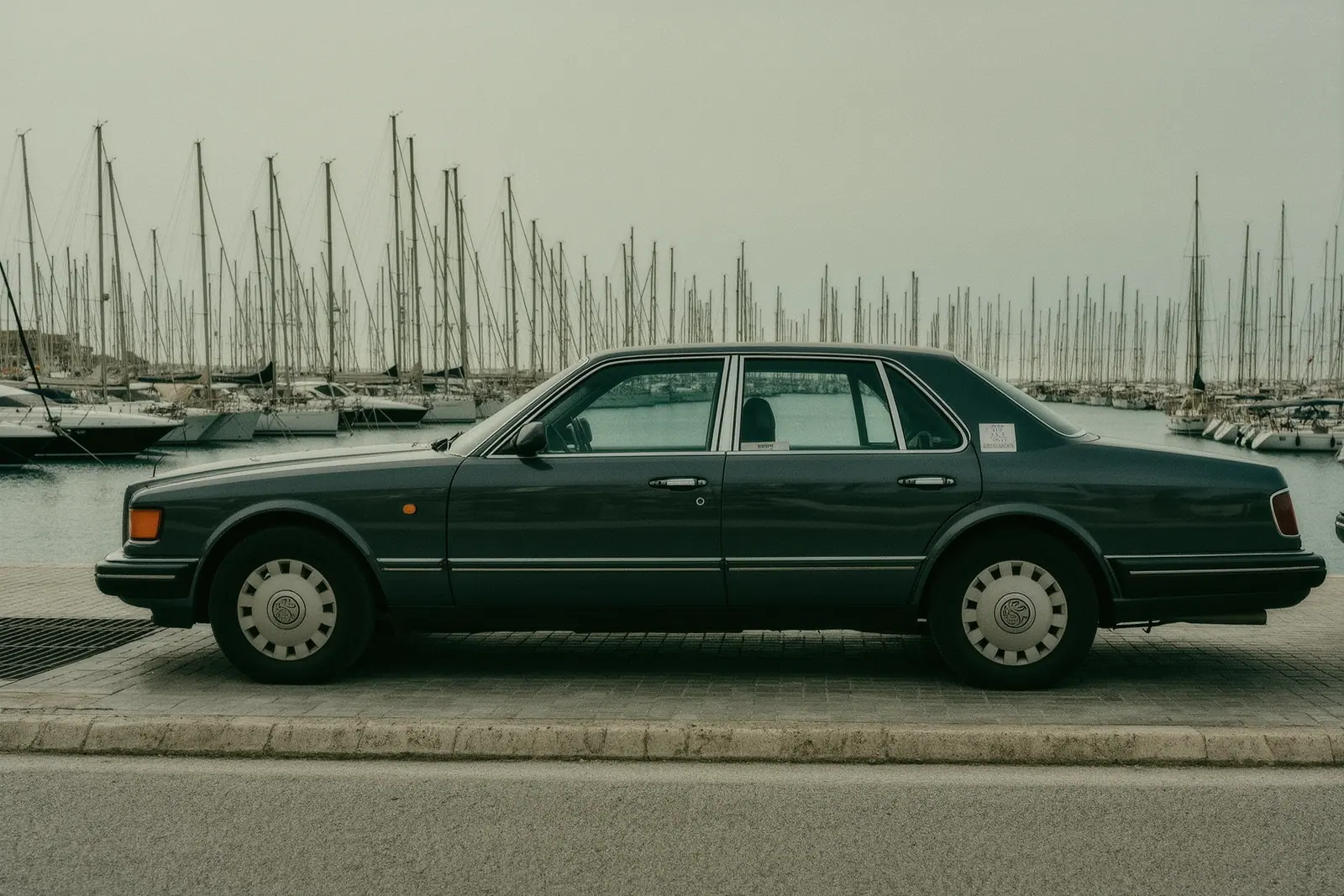 A dark unbranded saloon car parked at a marina kerb in Puerto Banús with a paper valet ticket under the wiper, yacht masts behind.